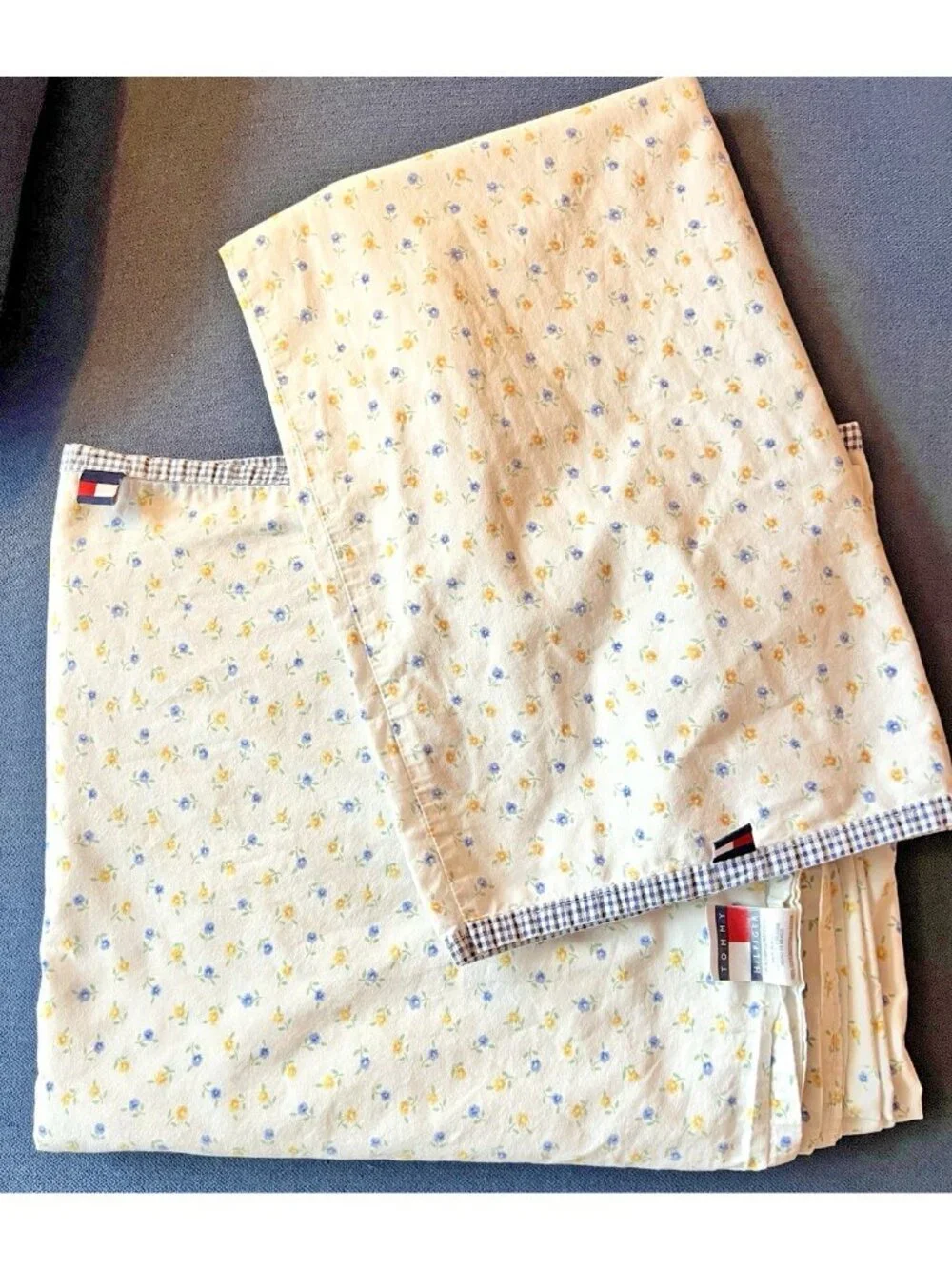 Tommy Hilfiger STANDARD Pillowcase Pair FLORAL Blue Yellow Gingham 100% Cotton
